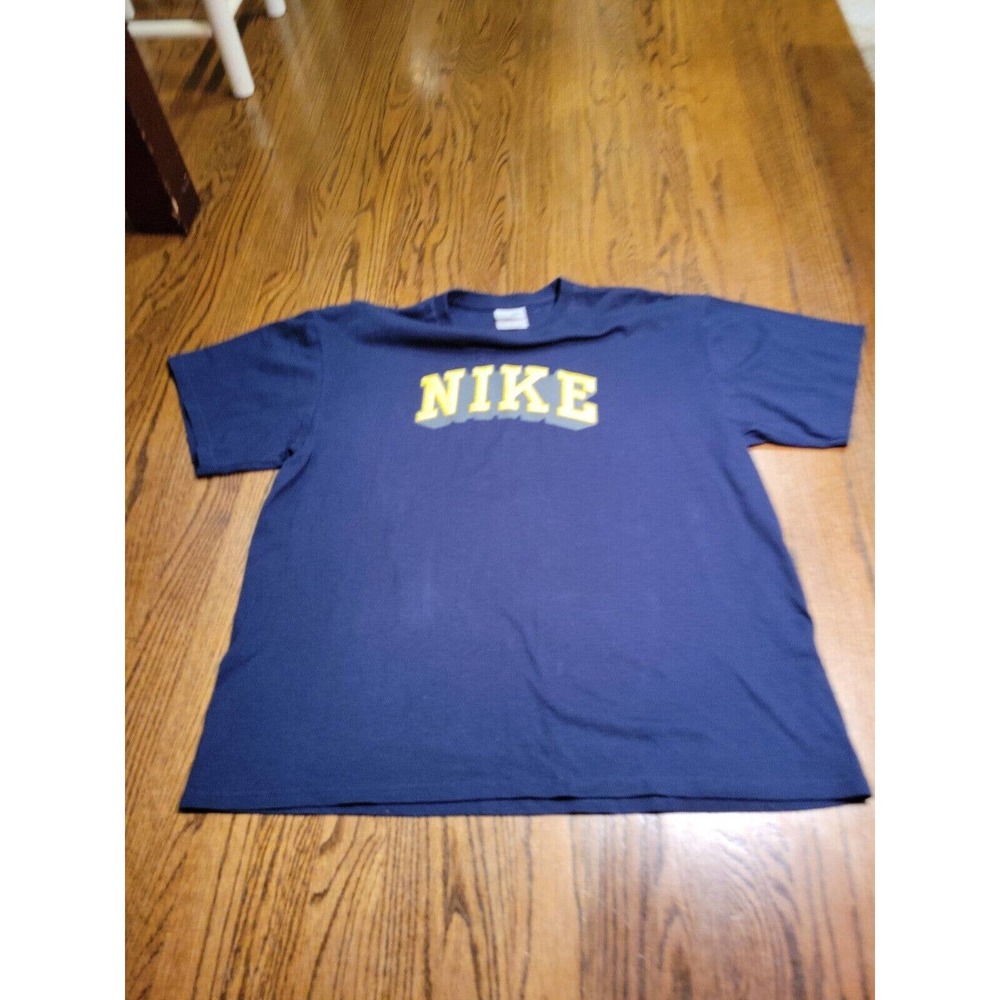 Nike Shirt Large Navy Blue Logo Tee Crew Neck T Shirt Regular Yellow Logo - Picture 8 of 10